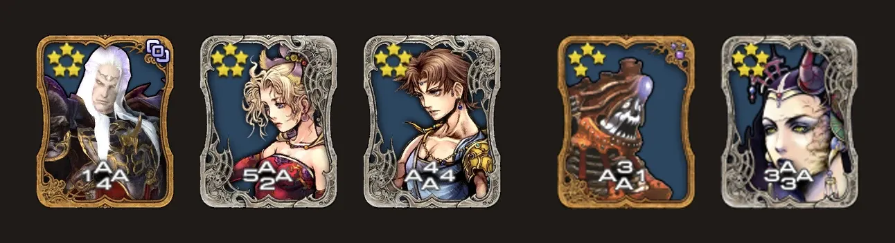 Cinq cartes aux deux A voisins : Varis yae Galvus, Terra Branford et Bartz Klauser pour Final Fantasy XIV, Helltrain et Édéa pour Final Fantasy VIII