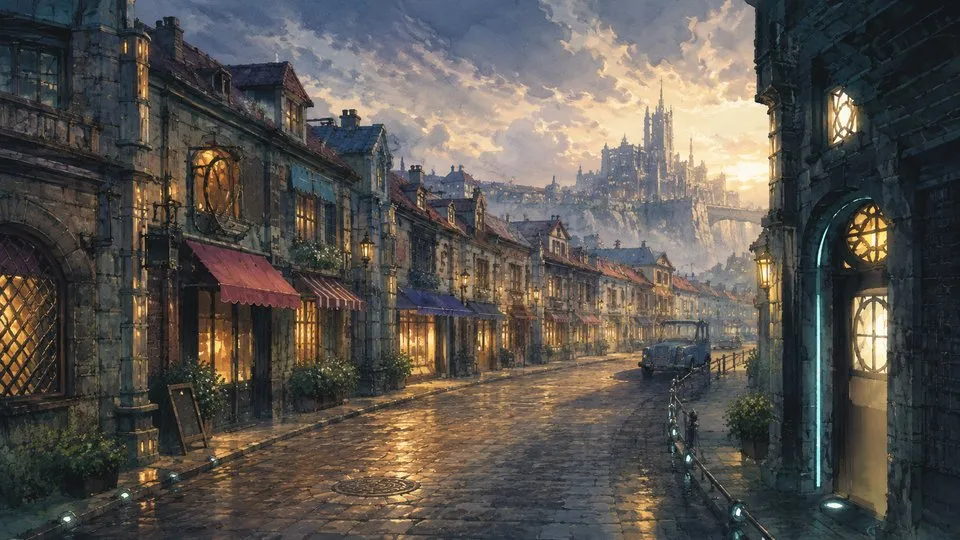Une rue pavée de Dollet au crépuscule, ses façades éclairées, et le château sur la hauteur