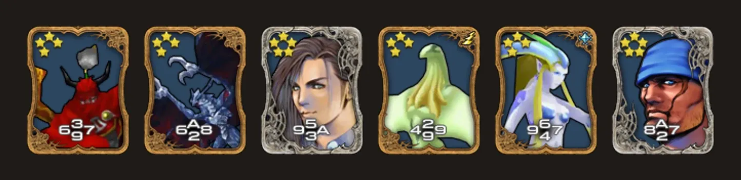 Six cartes rares de Final Fantasy VIII : Gilgamesh, Bahamut, Laguna, Golgotha, Shiva et Ward