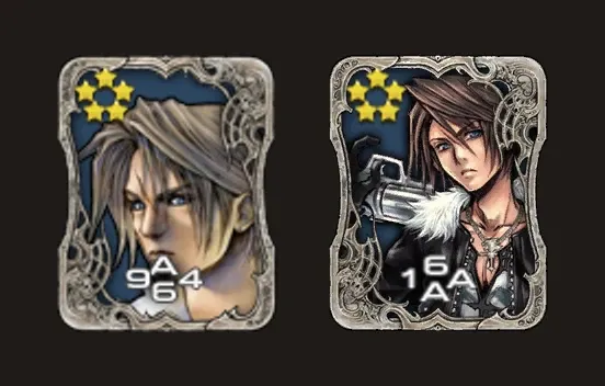 Deux cartes de Squall côte à côte : à gauche, celle du set Final Fantasy VIII, un gros plan du visage ; à droite, celle du set Final Fantasy XIV, en buste avec sa gunblade